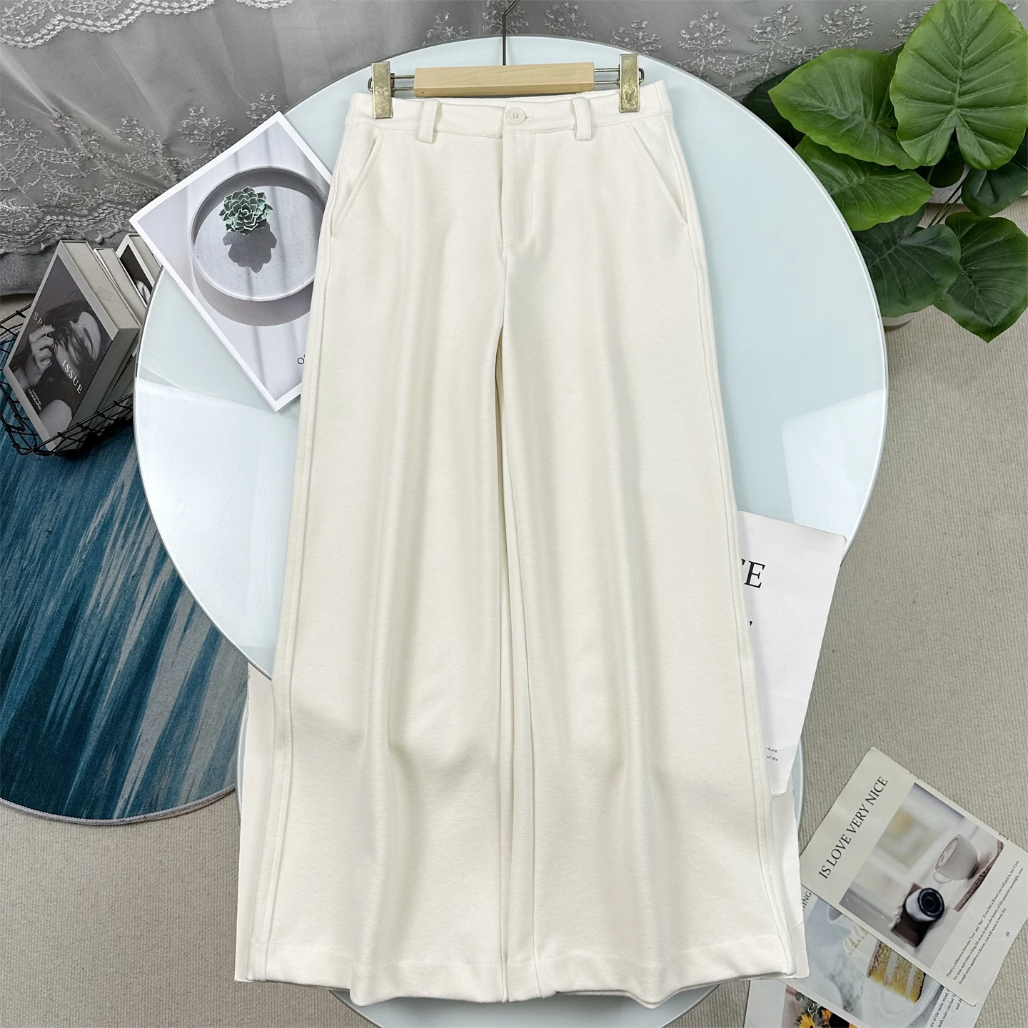 

Широкие брюки из ацетатной шерсти, повседневные, прямого кроя, женские, с высокой талией, на пуговицах, модные, стройнящие, универсальные, бежевые, осенне-зимние