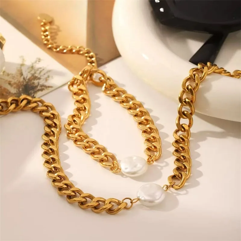 EILIECK 316L Edelstahl Statement Flache Perlenkette Armband für Damen Charm Goldfarbene Kette Schmuck Bijoux Schmuckset – Detail 14