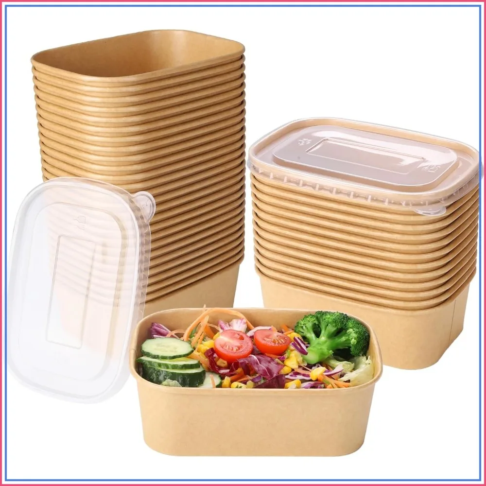 

50 Sets 25oz Disposable Kraft Paper Bowls with Lids, Rectangle Food Containers for Hot/Cold Food, Soup, Salad, Meal Prep, Ice Cream, Takeout, Party Supplies