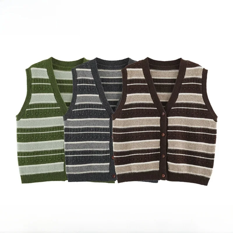 Early Autumn New Women's Knitted V-neck Button Cardigan Vest Mixed Fiber Wide Stripe 3D Hooked Flowering Fashion ZR Style