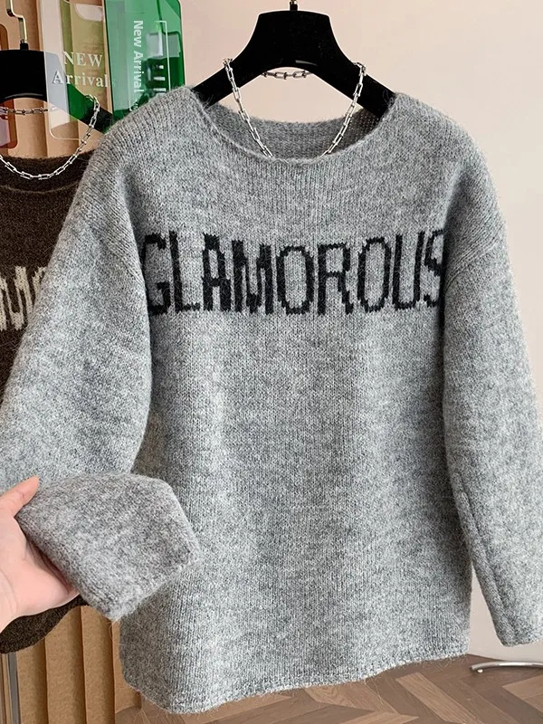 Coreano sle oversized camisola de malha feminina tamanho grande casual oulder impressão topo coreano japonês high end laid-ba humor