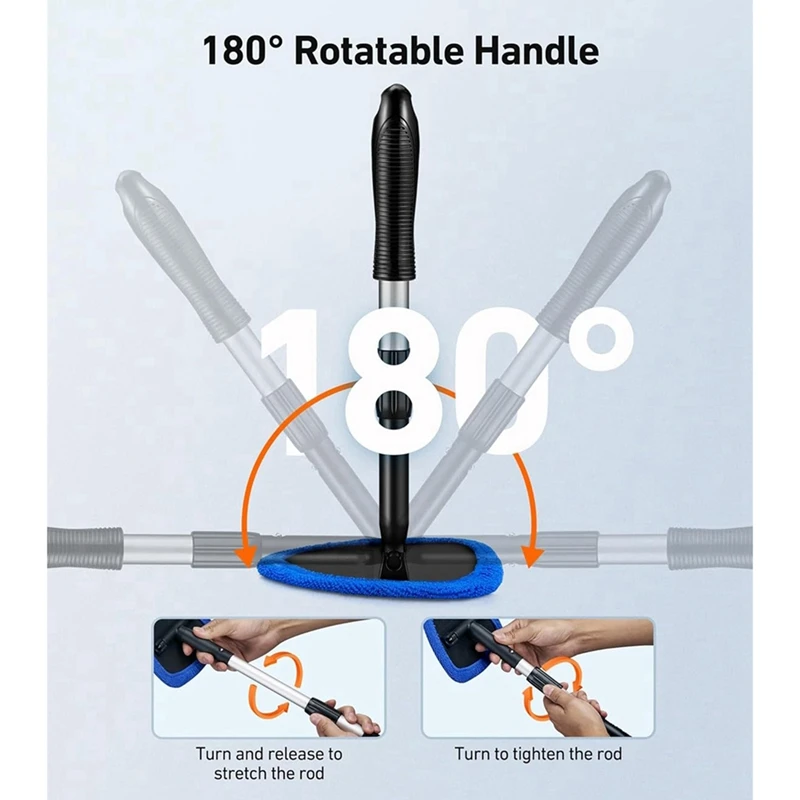Car Windshield Cleaning Tools, Reusable and Washable Microfiber Pad and Retractable Handle Car Glass Wiper Kit, Blue-ABHG