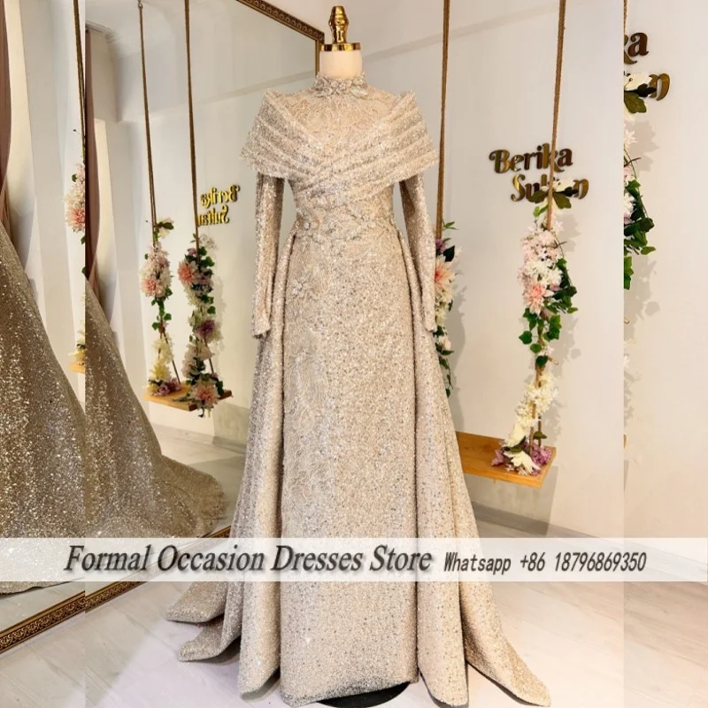

Luxury Beaded Applique Evening Dress For Women Long A-Line Wedding Party Dresses Customized Dinner Gowns With Detachable Train