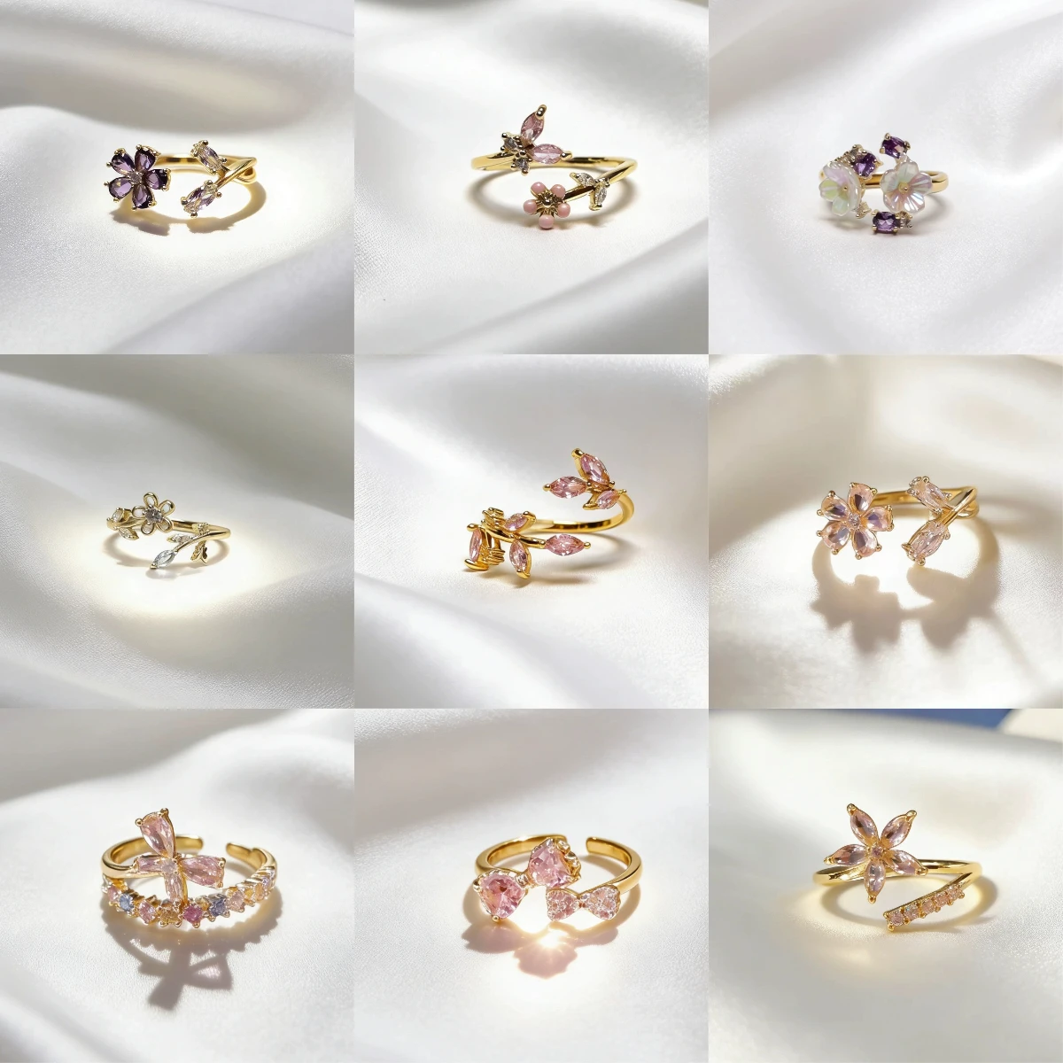 Korean CZ Sweet Crystal Zircon Heart Ring For Women Exquisite Shell Flower Opening Finger Rings Girls Princess Wedding Jewelry