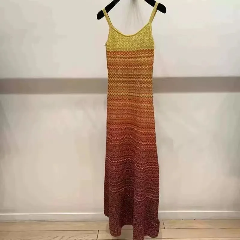 2024 Fashion Summer Hollow Out Knitted Striped Holiday Robe Women Spaghetti Strap Wavy Rainbow Gradient Color Stretch Long Dress