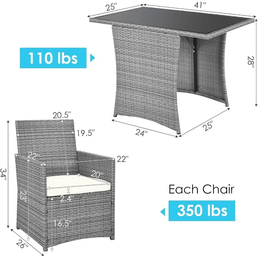 3 Pieces Patio Dining Table,PE Rattan Bistro Set with Tempered Glass Top Table and Cushioned Chairs,Dining Table Set