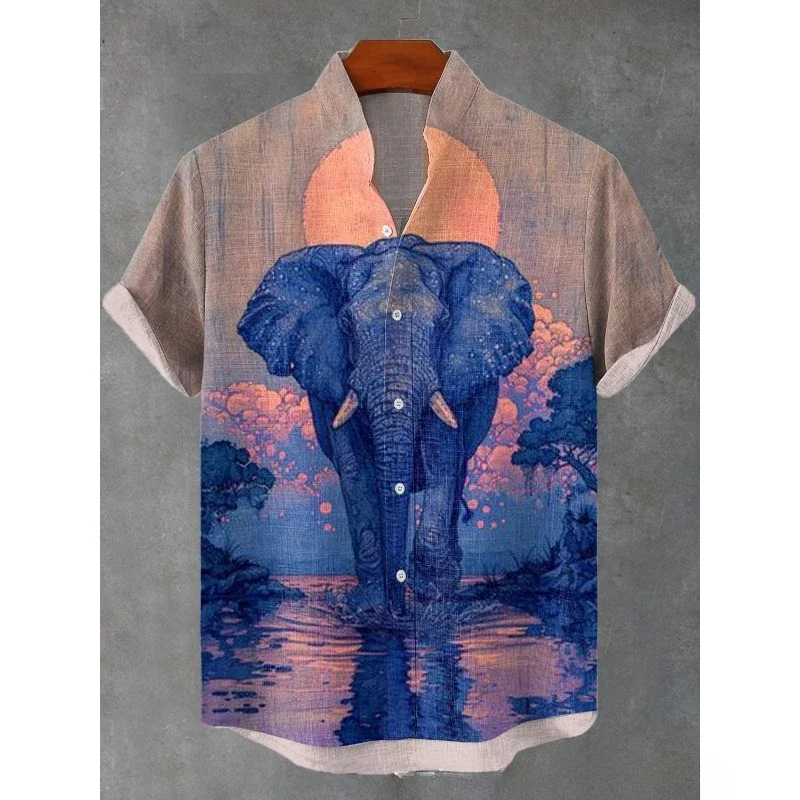 Ethnic Tribal Pattern Elephants and Leaves Printing Short Sleeve Shirt Cool Blouses Summer Stand Collar Shirts Men Hawaiian Tops