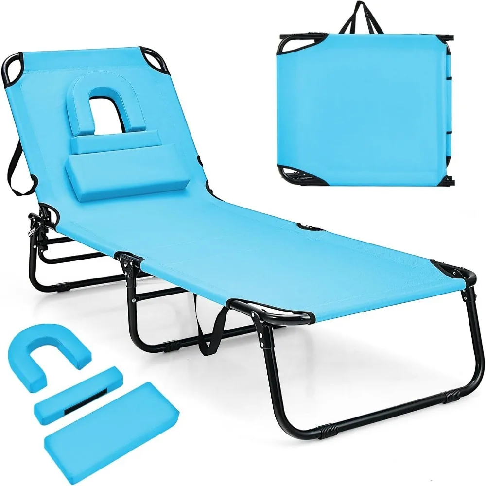 

Folding Beach Tanning Chair - Adjustable Patio Lounge Chair w/Face Hole, Removable Pillows, Carry Strap, Layout Chair