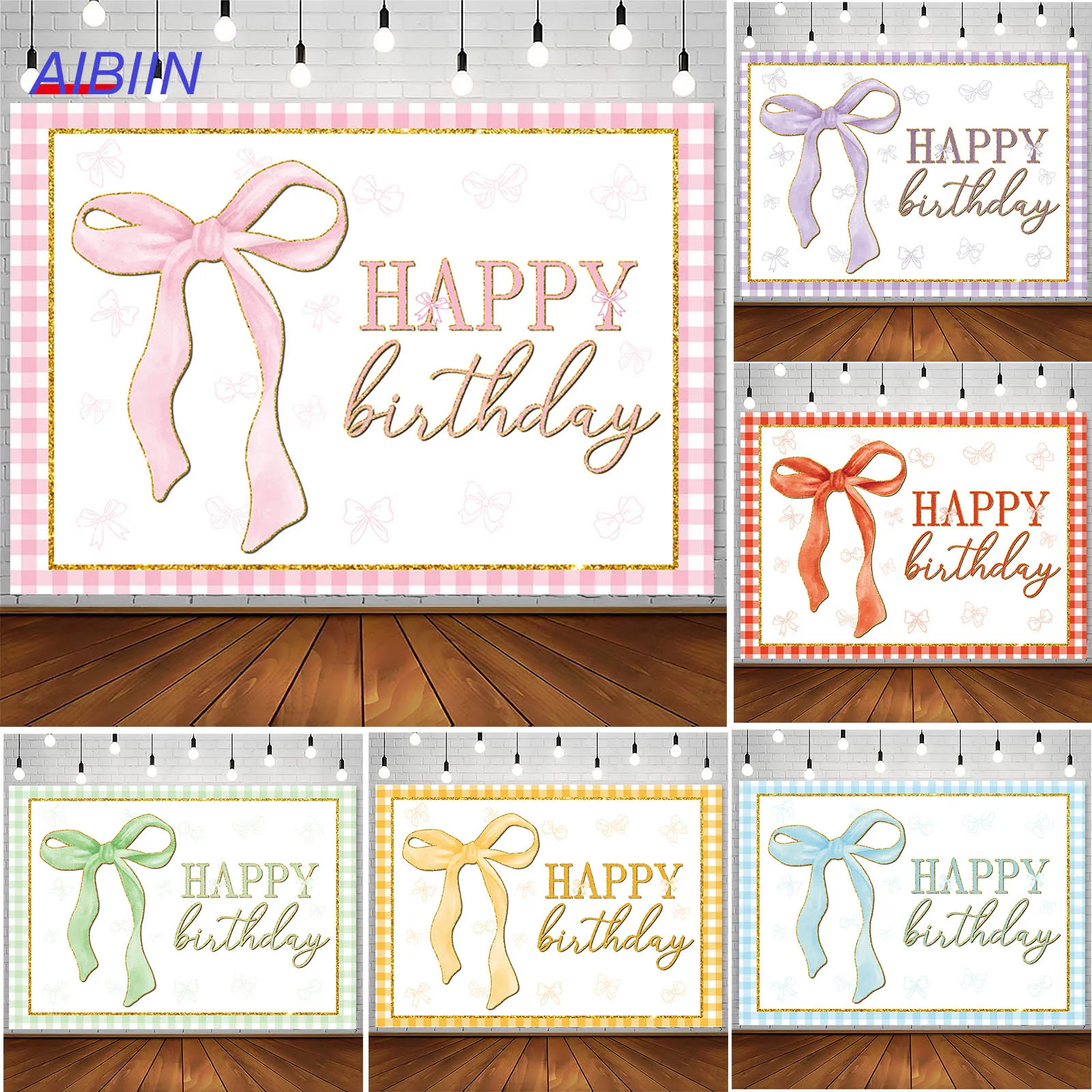 AIBIIN Pink Bow Happy Birthday Backdrop Bowknot Grid Girl Portrait Party Decor Kids Cake Table Photozone Photography Background