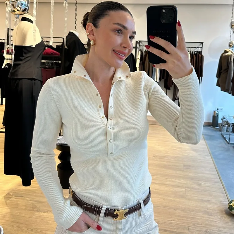 

Tuularose Autumn Women Pullover Fashion High Neck Button Patchwork Ribbed Bottom Shirt Solid Streetwear Commuter Tight Sweaters