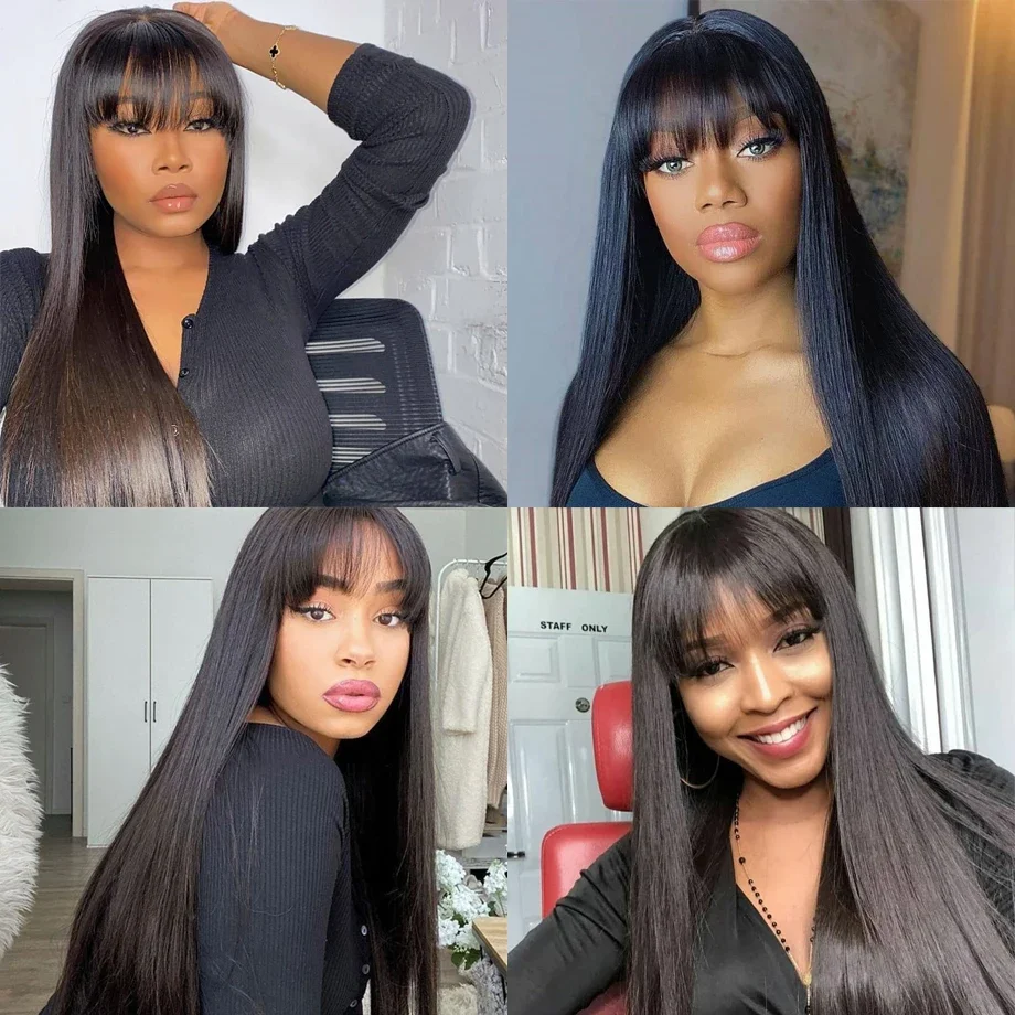 Lafino 30 36inch Wig With Bangs Black Wig Human Hair Without Lace Wig Straight Wig Full Machine Bob Wigs Full Woven With Bangs