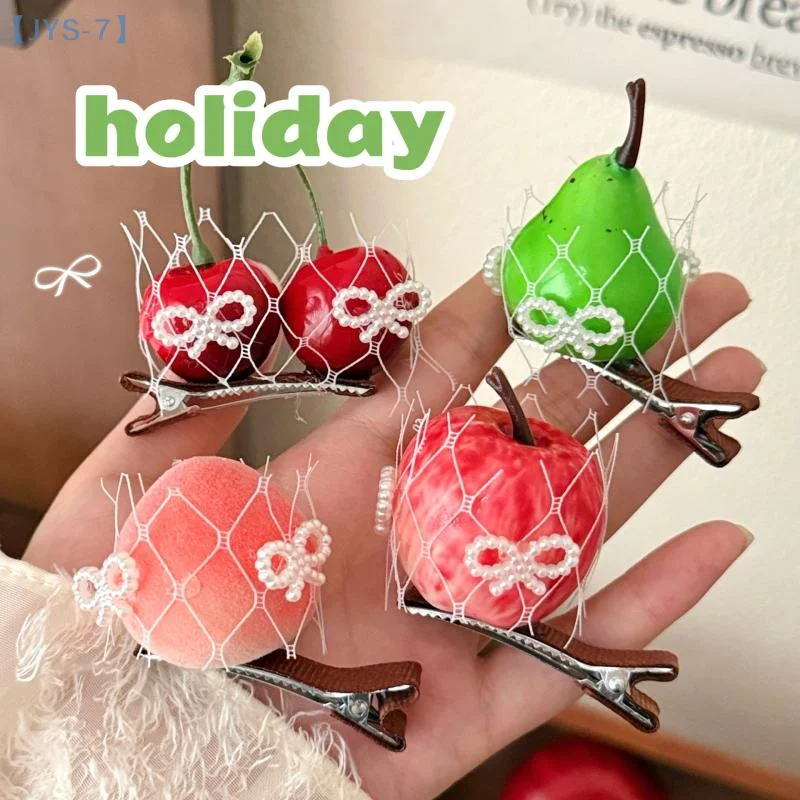 

2Pcs Sweet Simulated Pear Cherry Peach Fruit Hairpin Cute Creative Fruit Decorative Side Clip Headwear Headdress Accessories