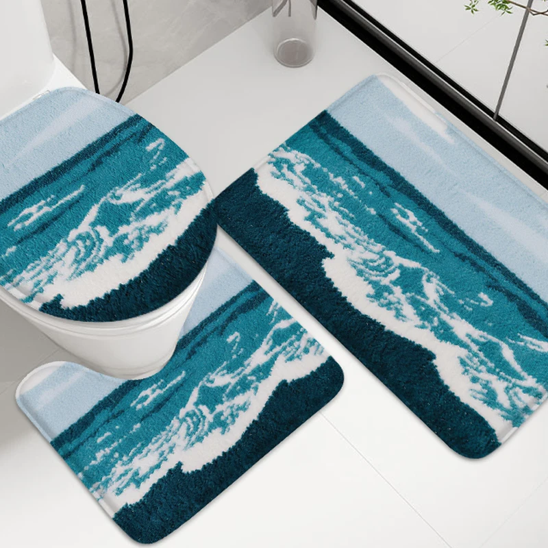 

3pcs coconut tree sea turtle bathroom flannel carpet bath anti slip absorbent mat bathroom U-shaped toilet lid pad home door pad