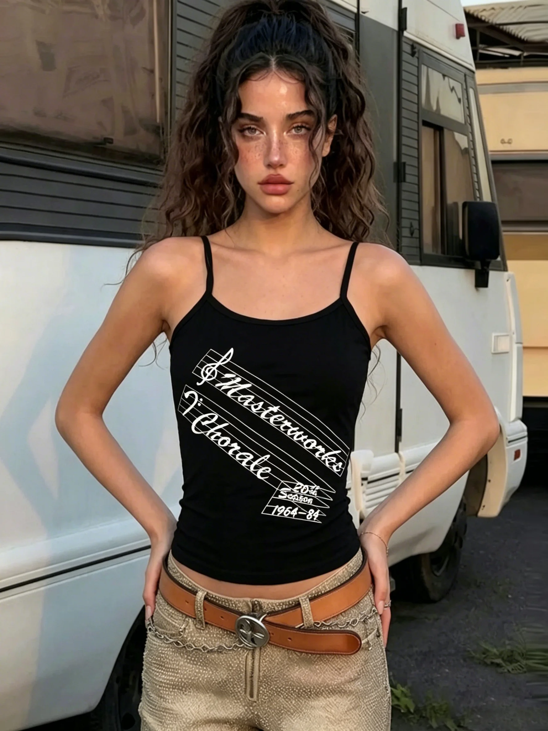Women Y2K Print Strap Crop Tank Top White Sleeveless Slim Camisole Summer Casual Streetwear Vintage Musical Graphic Cami Vest