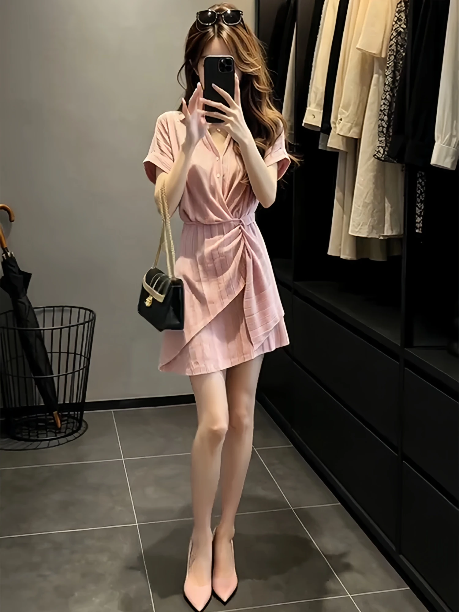 Summer Pink Striped Shirt Dress Women's Unique Beautiful Short Skirt Vintage Style High Waist A-Line Casual Loose Fit Dress