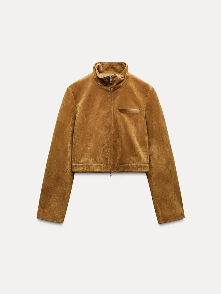 Printemps nouveauté femmes Faion col montant longue Sve fermeture éclair pur Fce cuir ort manteau trajet Sle 00% autres Ma...