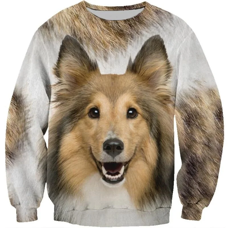 3D Printed Shetland Sheepdog Pomeranian Hoodie Men Pets Dog Graphic Long Sleeved Sweatshirt Spring Autumn Round Neck Pullovers