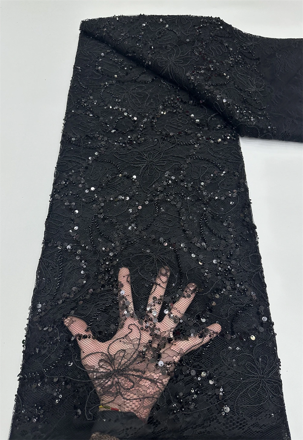 

African French Tulle Net Lace Fabric Nigerian Sequins Party Lace with Flower Beads High Quality 5Yards Wedding Sewing Material