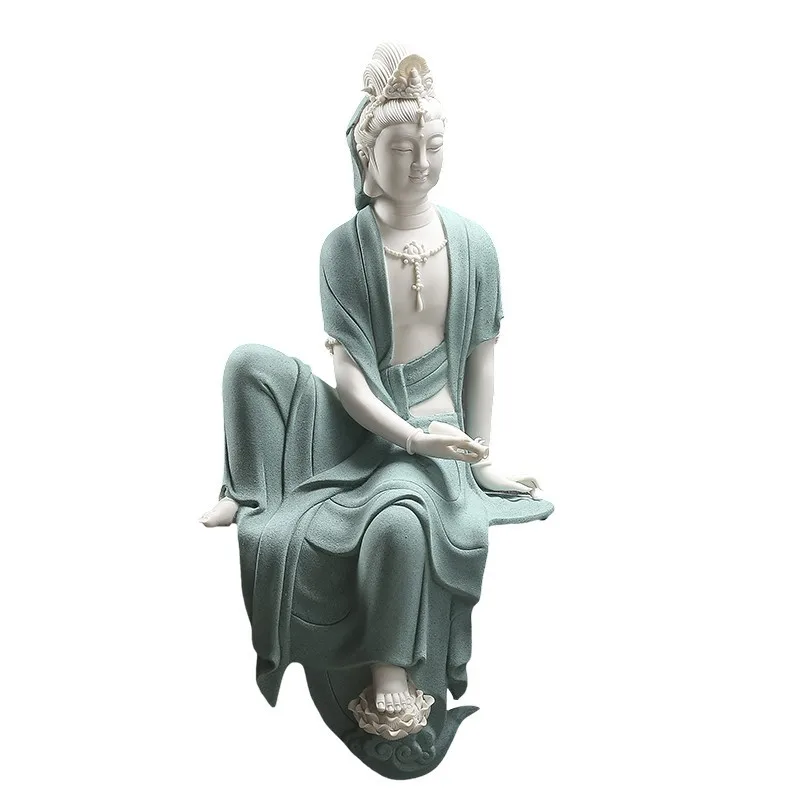

Dehua ceramic clean bottle, Shuiyue Zizai Guanyin Buddha statue, Zen Chinese living room entrance ornament