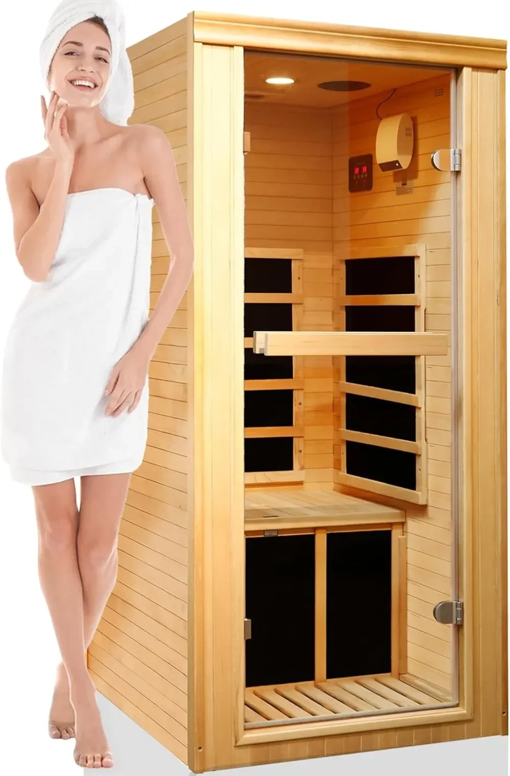 Sauna Infrared 1 Person Sauna Home Canadian Hemlock 980w Low-EMF Dry Saunas 5 Ultra-Low Energy Saving Heating Panels, Built-in