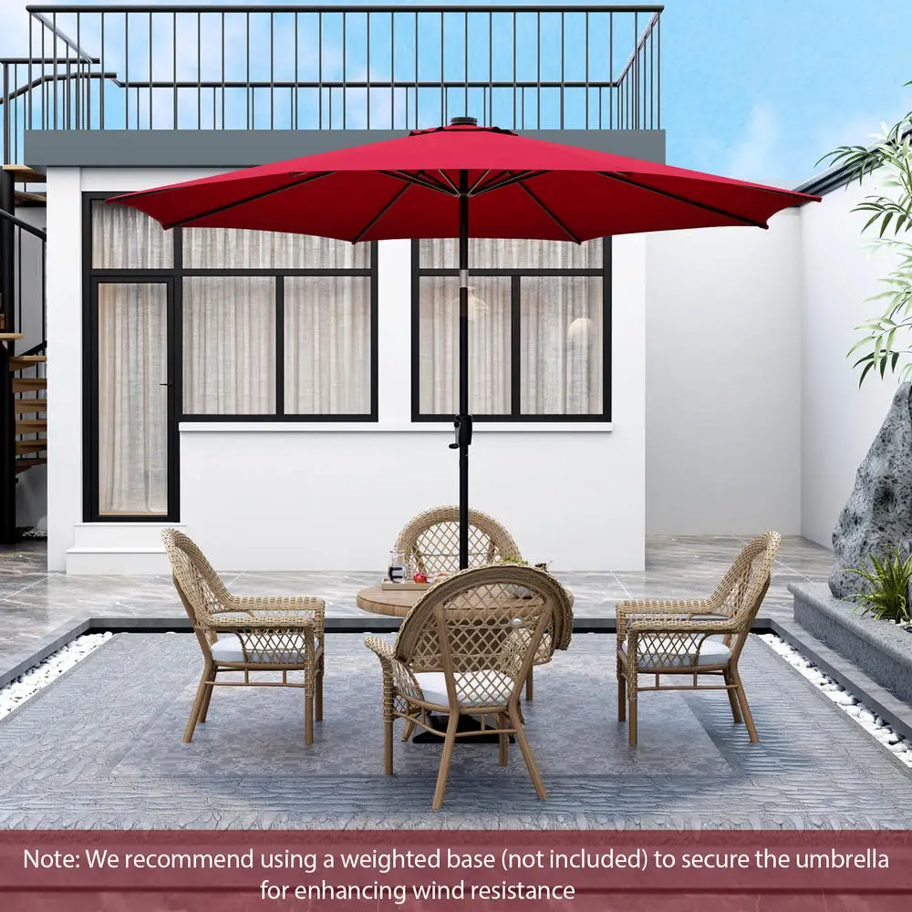 10 Ft Patio Umbrella With 112 Solar LED Lights, Aluminum Alloy Frame With Crank And Tilt, Vented Polyester Canopy For Outdoor Deck Poolside Restaurant, Wine Red