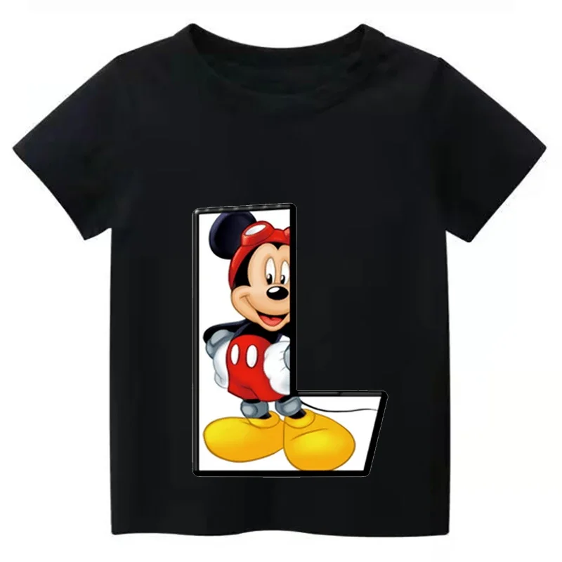 2024 New Summer Letter Combination Children High Quality T-shirt Disney Mickey Mouse Font A B C D E F Short Sleeve Kids Tshirt