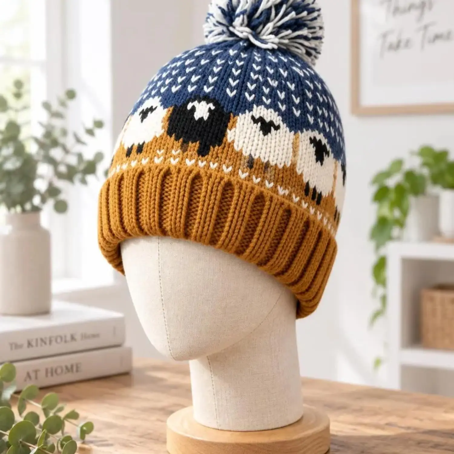 Sheep Knit Beanie for Gamers & Horror Fans, Cosplay Pom Pom Winter Hat 5