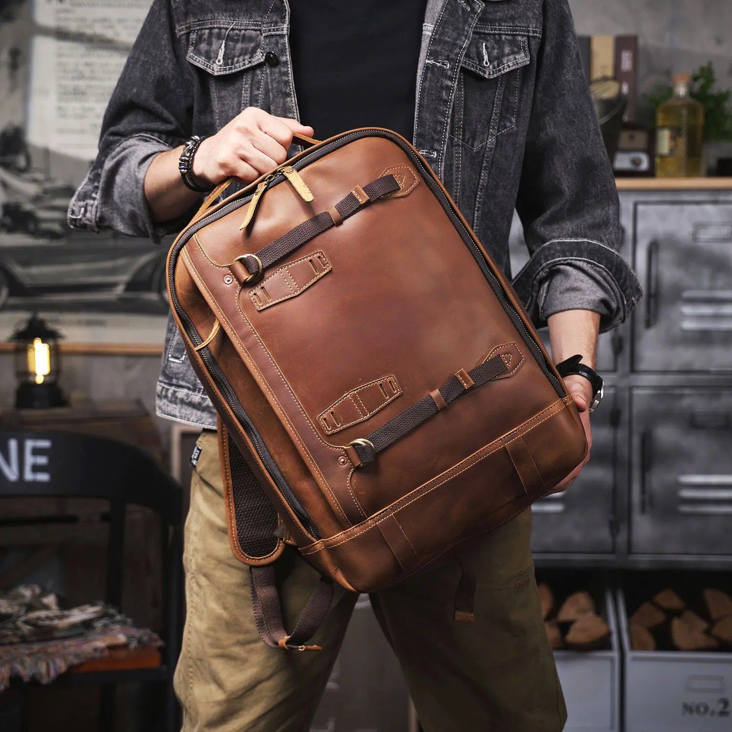 S.WORKER Vintage Echtleder-Rucksack 16" Laptop-Tasche Lässige Crazy-Horse-Leder-Schultasche Outdoor-Reise-Weekender-Tasche – Detail 6