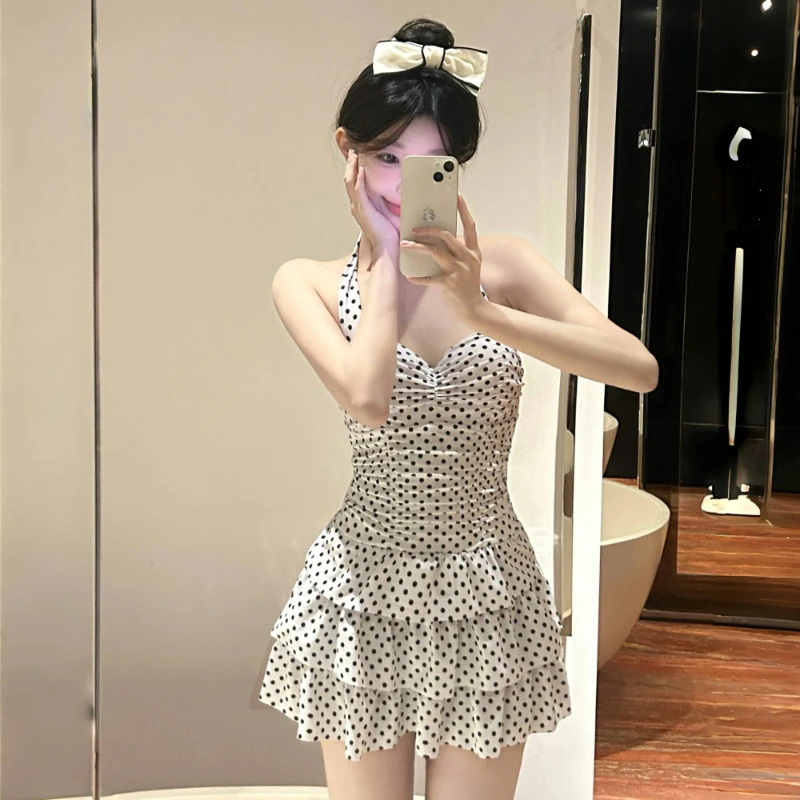 2026 New Dress Style One Piece Swimsuit Women Bust Support Ruffle Polka Dot Slimming Conservative Swimwear Sexy Push Up