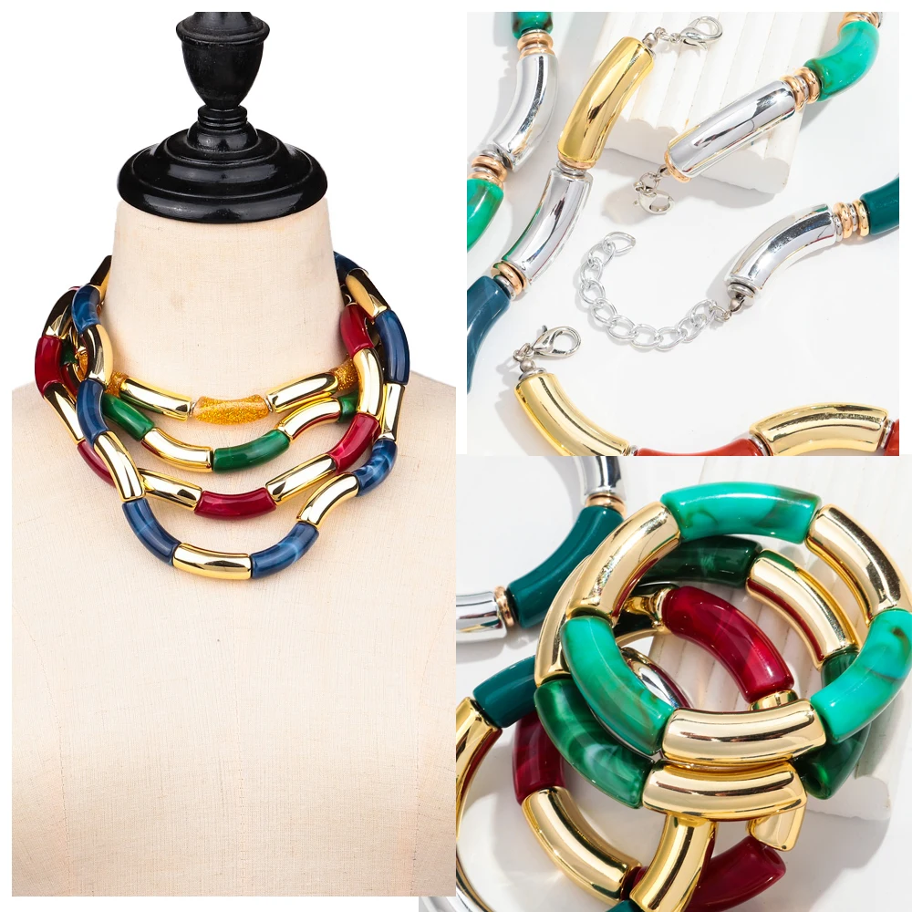 New Colorful Acrylic Chunky Bamboo Tube Necklaces Bracelet Women Fashion Resin Elbow Beaded Bangle Choker Stackable Jewelry Gift