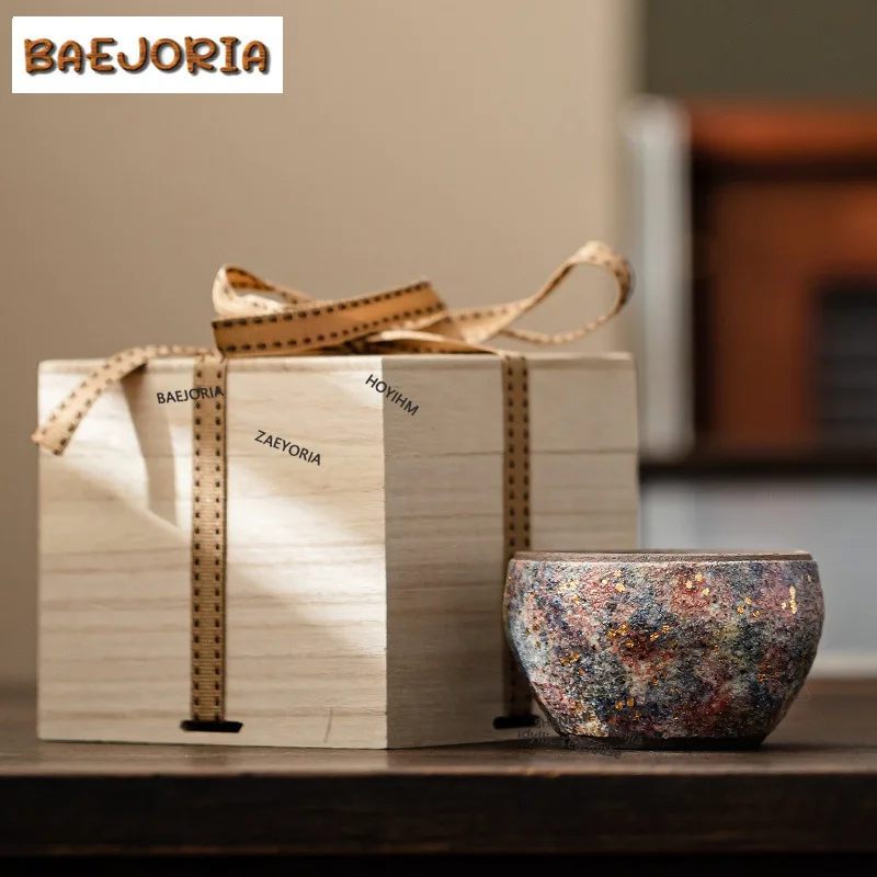 BAEJORIA 100ML Ancient Long Kiln Rock Mine Ceramic Park Cup Handmade Gold Pointing Meditation Teacup Tasting Master Tea Bowl Mug