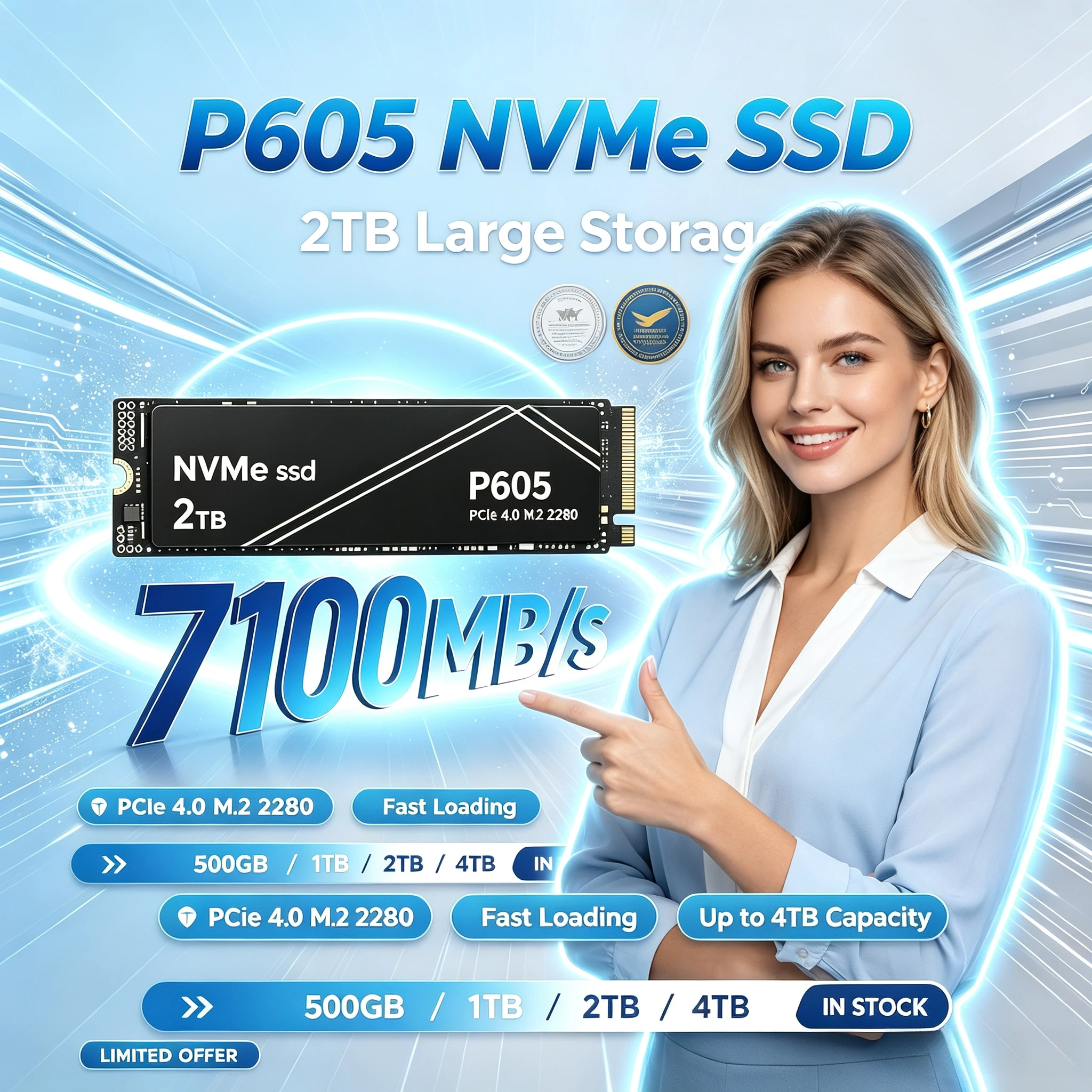 New P605 NVMe Gen PCIe SSD 1TB/2TB/4TB, 7100MB/s Max Read, Solid State Drive Designed for Gaming Desktops, Laptops & Sony PS5.