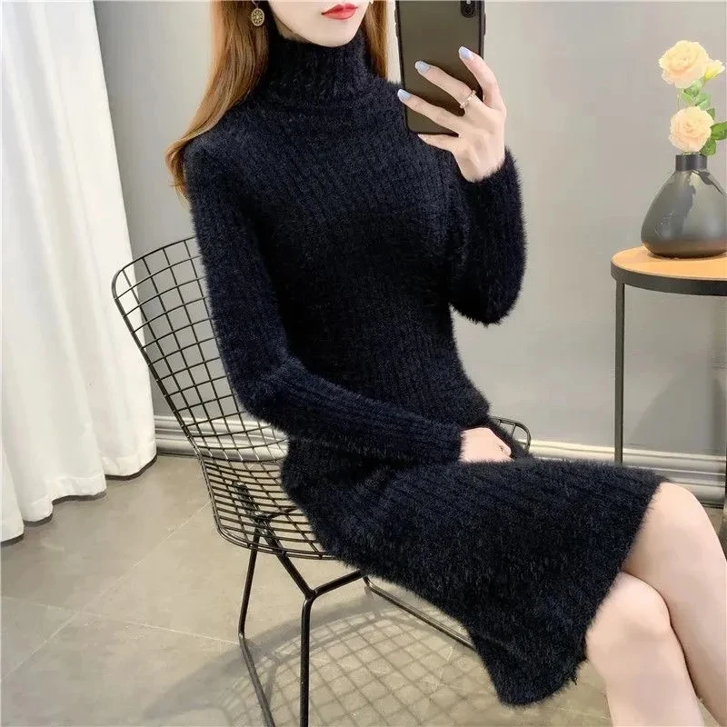 Sweater Dress Women\'s Outside Wear Fashion Slim Long Turtleneck Knitted Sweater Autumn Winter Warm Mink Velvet Knitte Base Dress