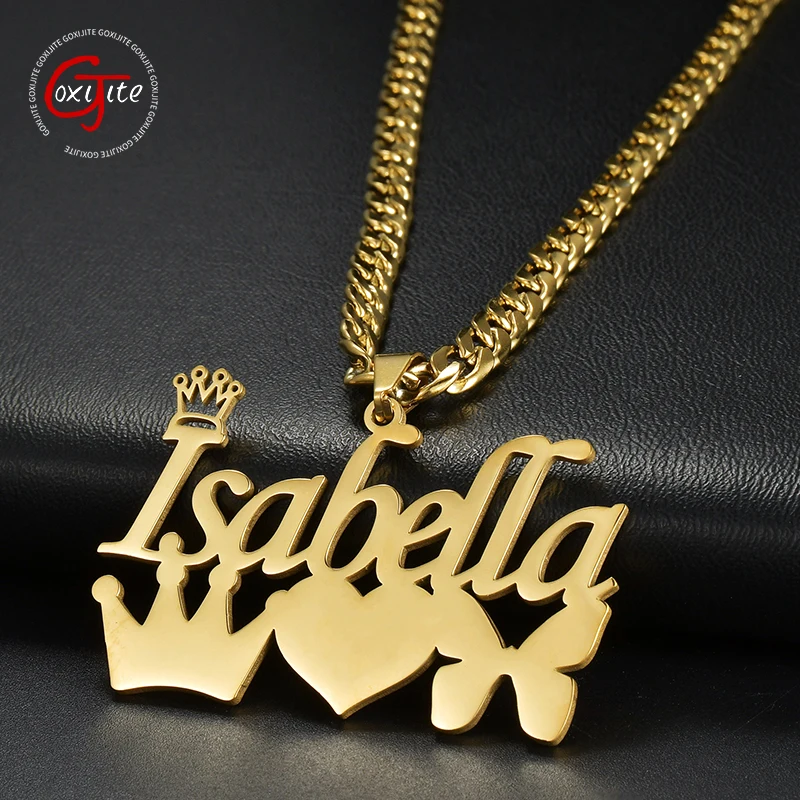 

Goxijite Personalized Stainless Steel Crown Big Name Necklace Custom Heart Butterfly Nameplate Cuban Chain Pendant Best Gift