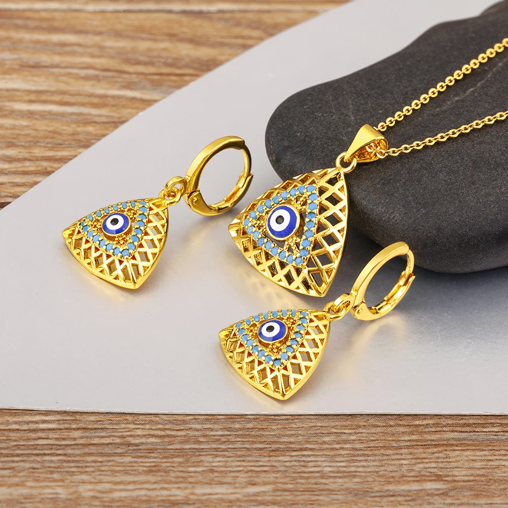 New Fashion Triangle Shape Lucky Evil Eye Charm Jewelry Sets Pendant Necklace Earrings For Women Vintage Accessories Party Gifts