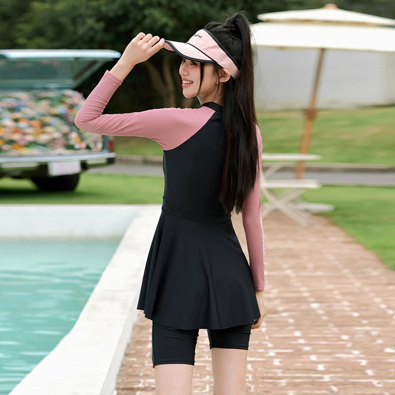 Plus Size Conservative Swimwear Women Split Long Sleeve Swimsuit With Swim Skirt Patchwork Beachwear Water Sportswear Swimming