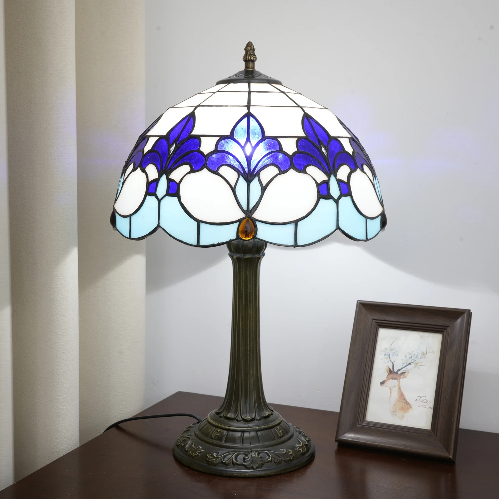 12'' Iris Stained Glass Table Lamp,Tiffany Style vintage bedside Table Light, Handmade Antique Art Craft Gifts, for home office