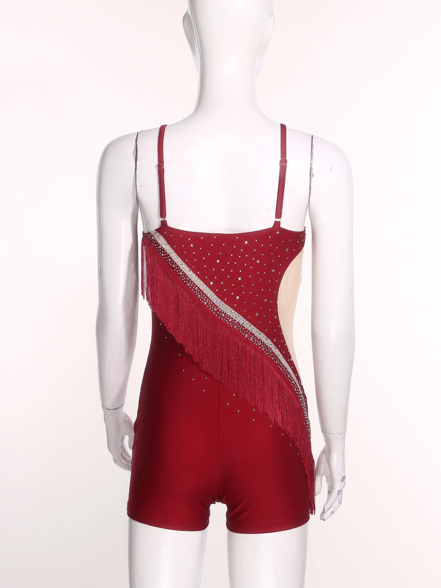 Mulheres dança latina collant vestido strass cha-cha samba tango trajes borla menino-shorts pernas uma peça bodysuit dancewear