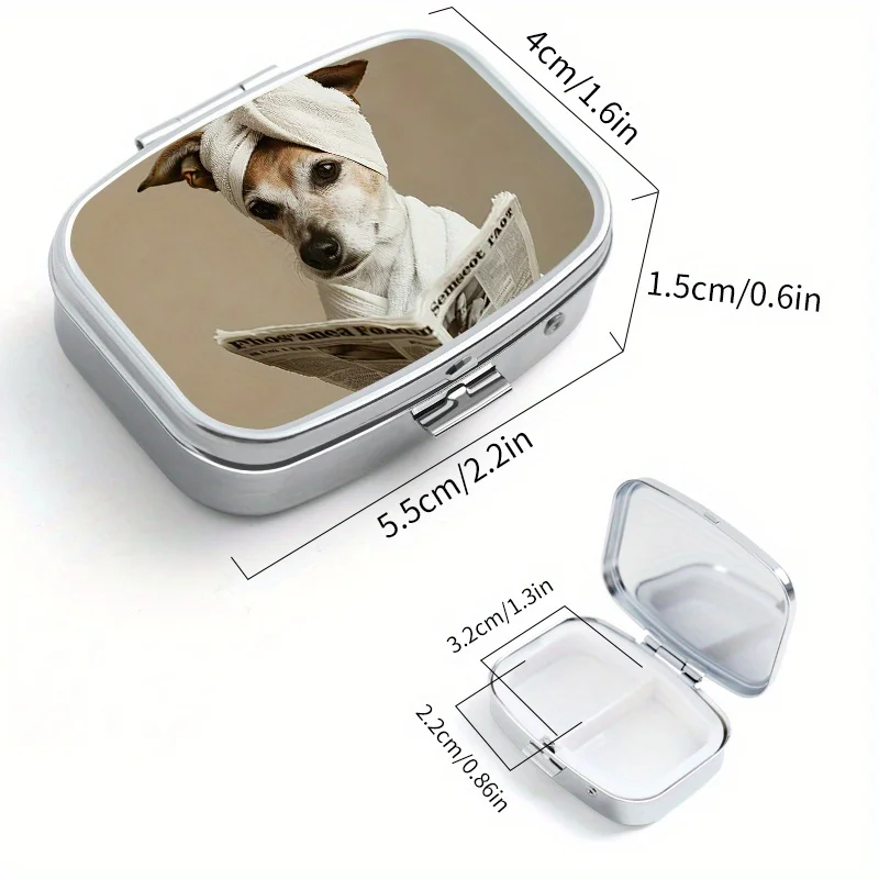 Cute Dog Printed Metal Medicine Box with 2 Compartments, Moisture-proof Sealed Vitamin Box, Suitable for Home and Travel Use