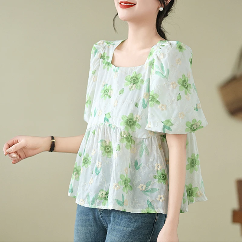 Women Stylish Floral Print Sweet Kawaii Blouse 2024 Summer Square Collar Embroidery Shirts Short Sleeve Loose Tops Casual Blusas