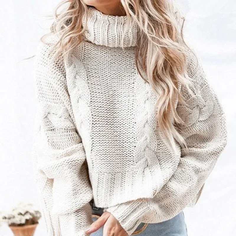 Suéter de cuello alto corto blanco para mujer, Jersey de punto, suéteres casuales sueltos de manga larga, otoño e invierno, nuevo