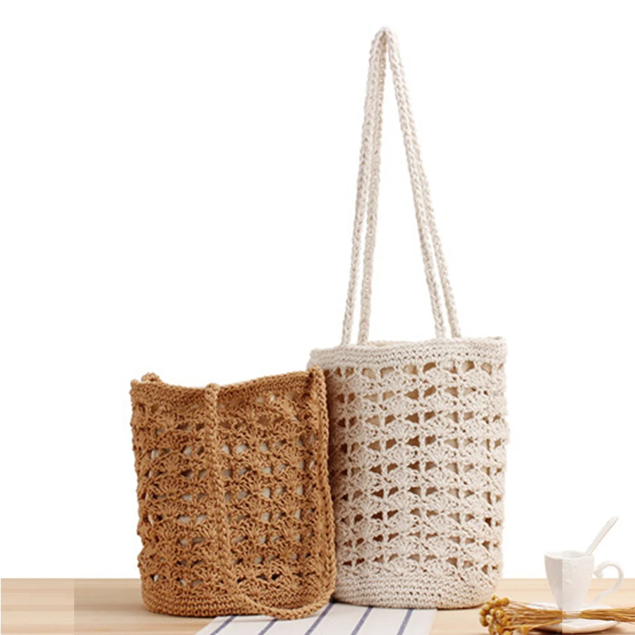 

Summer Beach Bag For Women Mesh Rope Knitted Bucket Shoulder Bags Reticulate Hollow Travel Shopper Totes Ladies Fashion Handbag