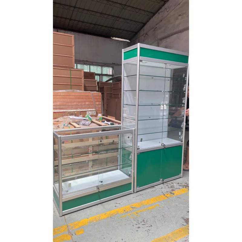 custom.Elegant Silver Metal Frame Retail Display Showcase LED Lighting Lockable Standing Showroom Mall Jewelry Us