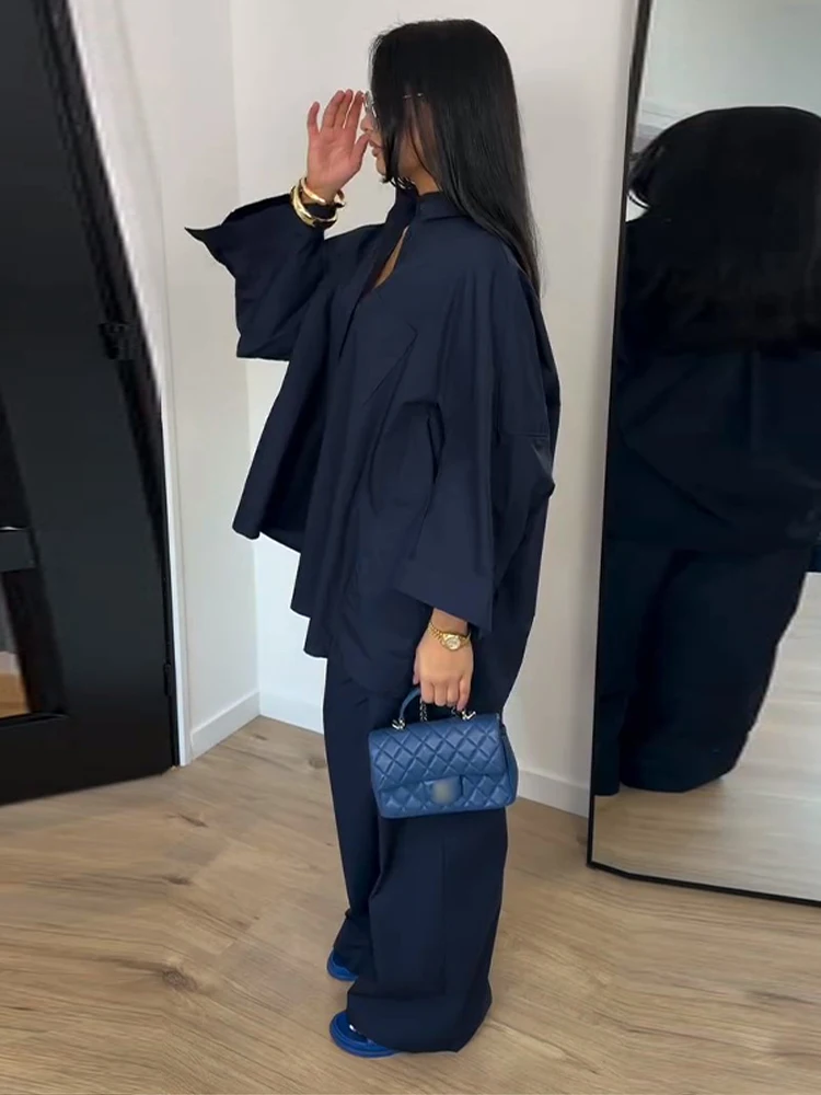 Elegante Damen-Hosenanzüge mit Revers: Oversized Hemd, Langarm-Bluse mit Knopfleiste, Weite Hose, Schickes Einfarbiges Outfit – Detail 31
