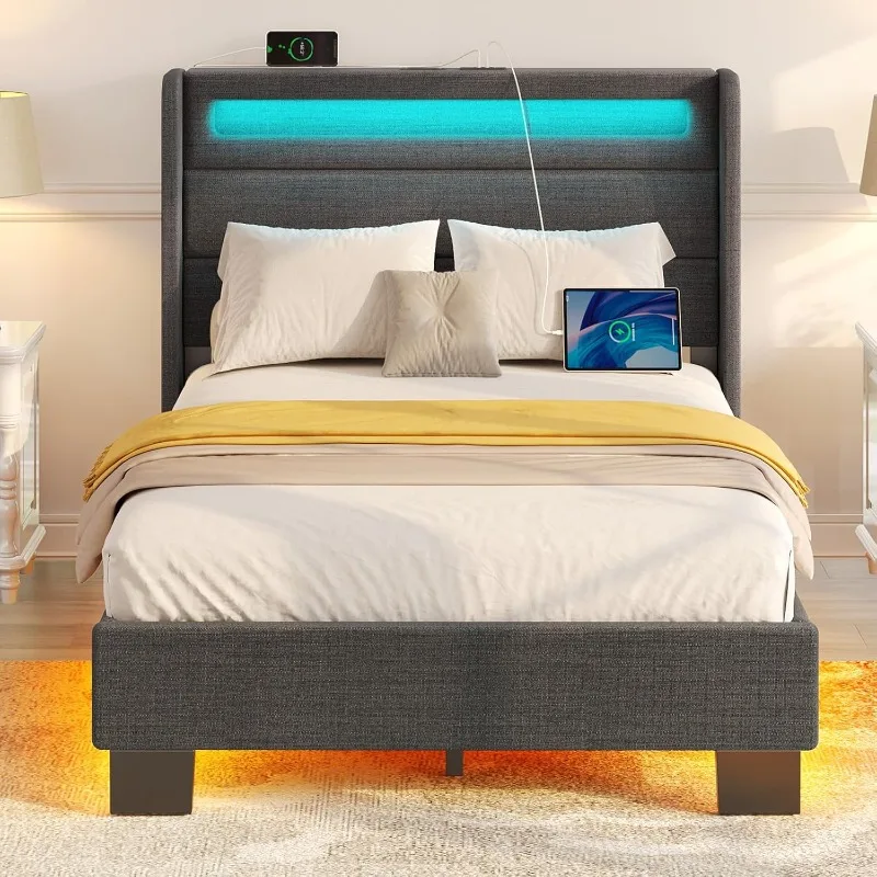 Bed Frame Twin Size with LED Lights and Charging Station, Upholstered Bed with Motion Activated Night Light and Wood Slats