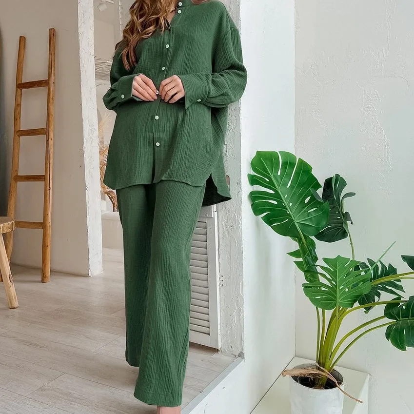 

Новый однобортный топ-рубашка на пуговицах Trajes Formales De Mujer + эластичные широкие брюки, комплект из 2 предметов, женская одежда, осень 2025 г.