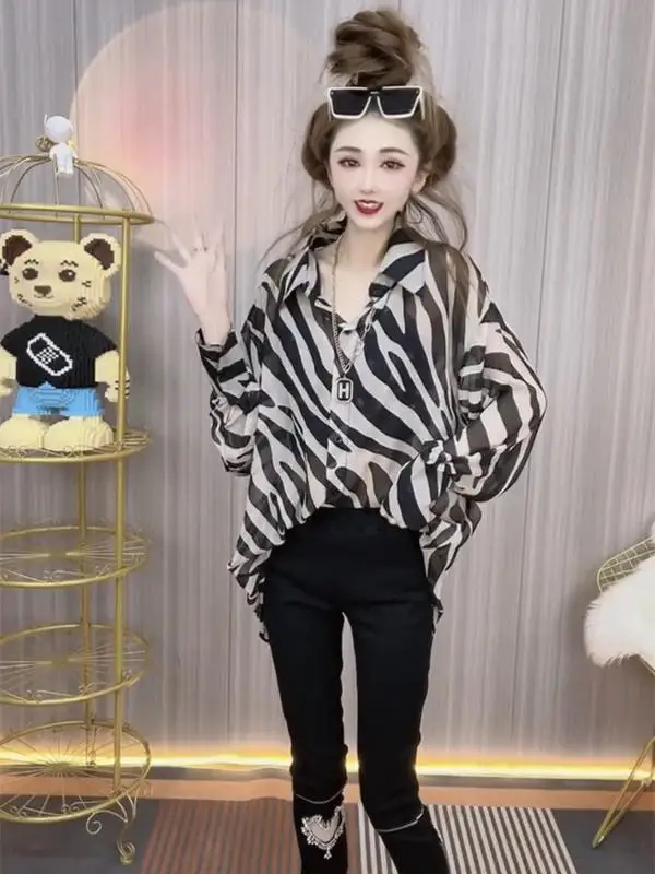 2024 Summer Women Fashion Leopard Shirt Sexy Perspective Shirts Tops Half High Collar Slim Long-sleeved Chiffon Shirt  Z920