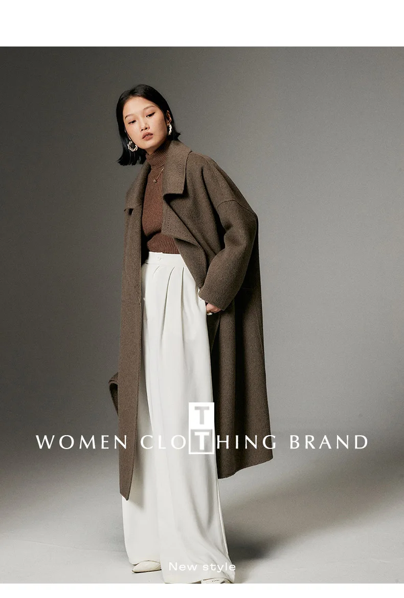 Double-sided Cashmere Women's Coat Autumn and Winter Brown Wool Loose Large Size Medium Long Coat Elegant High-end Women's Wear