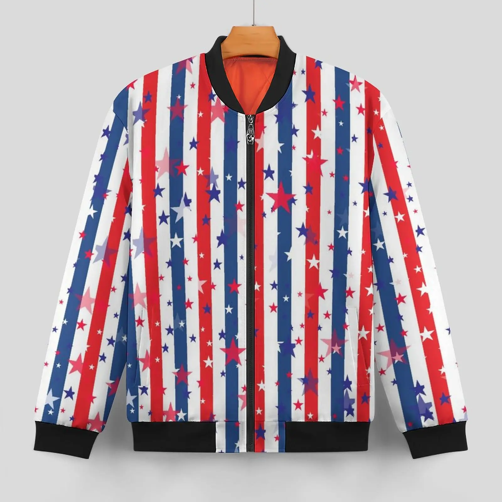 Chaquetas a rayas con estrellas rojas, azules y blancas, abrigos informales estéticos de otoño, chaqueta holgada con cremallera y estampado cortavientos de gran tamaño para hombre