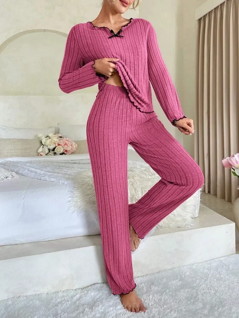 Autumn Winter Sleepwear Ribbed Pajamas Set Women Long Sleeve Top and Long Pants 2 Piece Casual Homewear Loungewear